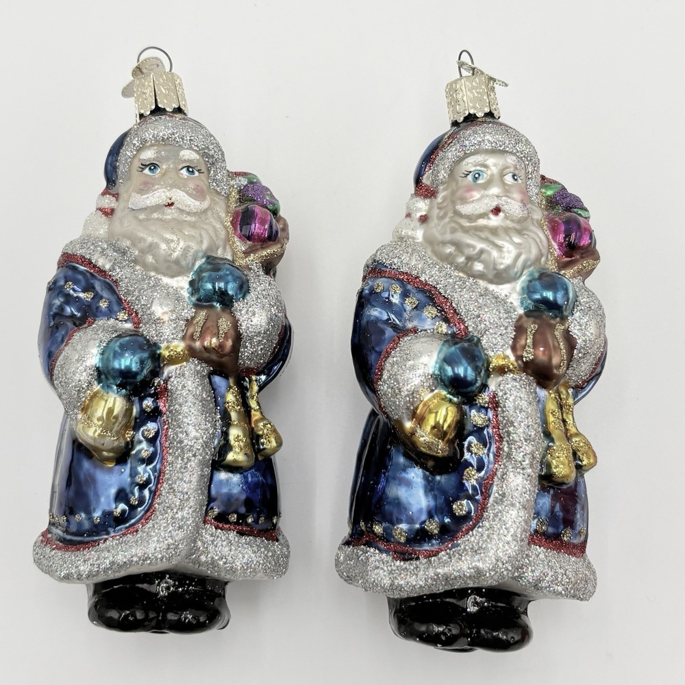 Old World Christmas OWC Santa Glass Ornament Lot 2 Blue Glitter Toy Sack